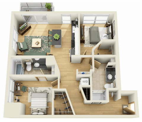 Floor plan for 2 beds, 2 baths, 944 sqft